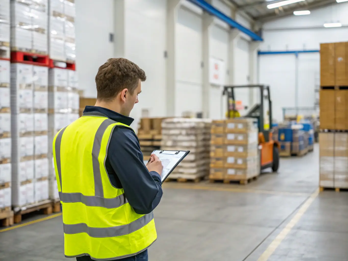 A high-resolution image of a logistics manager overseeing the unloading of imported vehicles at a port, with customs documents and shipping containers in view, illustrating vehicle import process management.