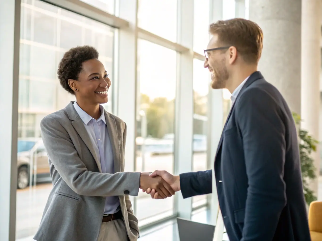 A close-up shot of a handshake between a business client and a Kervanta Global LLC consultant in a modern office, with automotive brochures and digital marketing reports on the table.