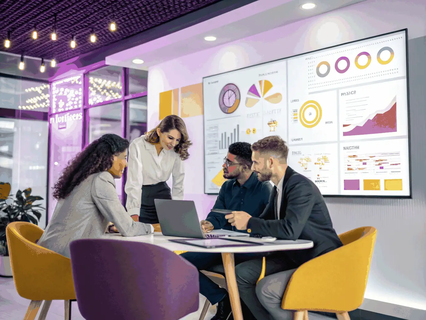 A professional digital marketing team analyzing automotive campaign data on multiple screens in a modern office, emphasizing expertise in automotive advertising and analytics.