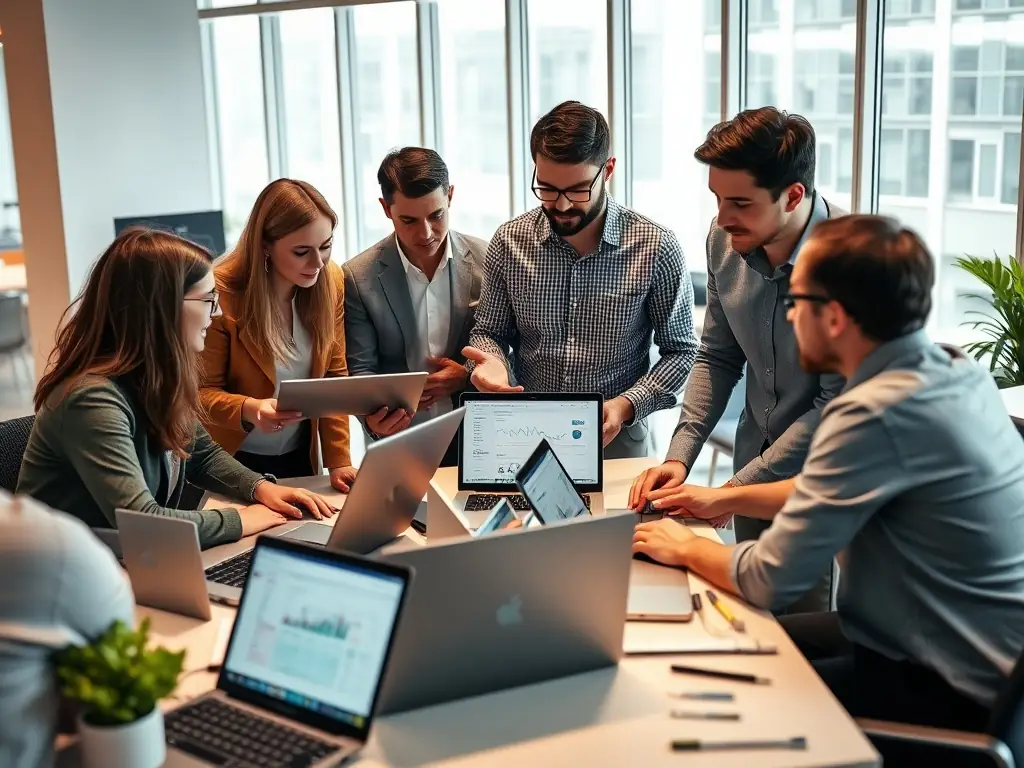 A professional photo of a marketing team analyzing automotive advertising data on laptops and tablets, with car dealership branding visible in the background, representing digital marketing services for the automotive industry.