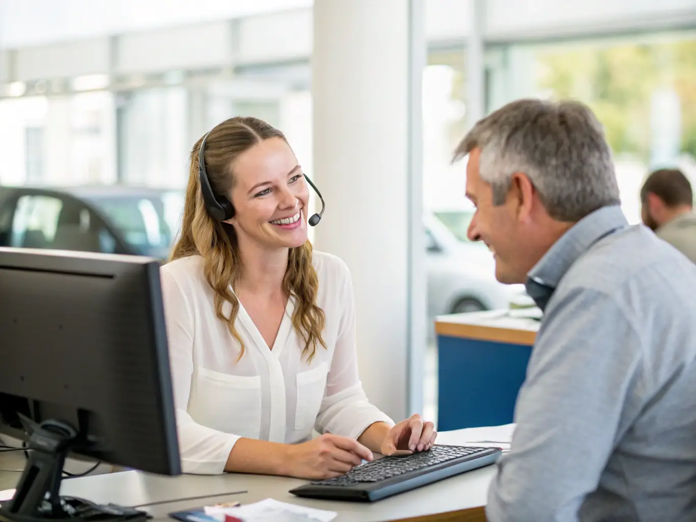 A friendly consultant meeting with a client in a bright office, discussing tailored marketing strategies and providing personalized service for automotive businesses.